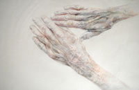 hands, coloured crayon on handmade japanese paper, 63cm x 96cm